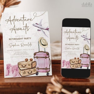 Invitación de jubilación de viaje, aventura editable espera plantilla de fiesta de jubilación, fiesta de despedida alrededor del mundo, tarjeta de equipaje rosa, AP025