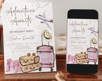 Travel Retirement Invitation, Editable Adventure Awaits Retirement Party Template, Around The World Farewell Party, Pink Luggage Card, AP025