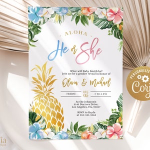 Invito per rivelare il genere dell'ananas hawaiano, modello di invito per una festa Luau MODIFICABILE, Baby Shower estivo tropicale, lui o lei, ragazzo o ragazza, GR026