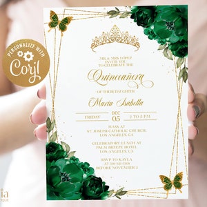 May include: Gold and green Quincea&ntilde;era invitation with a gold crown, butterflies, and floral designs. The invitation includes the text "MR. & MRS LOPEZ INVITE YOU TO CELEBRATE THE Quincea&ntilde;era OF THEIR DAUGHTER Maria Isabella FRIDAY DEC 05 2 TO 5 PM MASS AT ST. JOSEPH CATHOLIC CHURCH LOS ANGELES, CA CELEBRATORY LUNCH AT PALM BREEZE HOTEL LOS ANGELES, CA RSVP TO KAYLA AT 310-341-3368 BEFORE NOVEMBER 5"