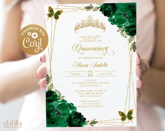 Emerald Green and Gold Quinceañera Invitation, EDITABLE Tiara Party Invite Template, Mis Quince Anos, 15th Birthday, Instant Download, Q012