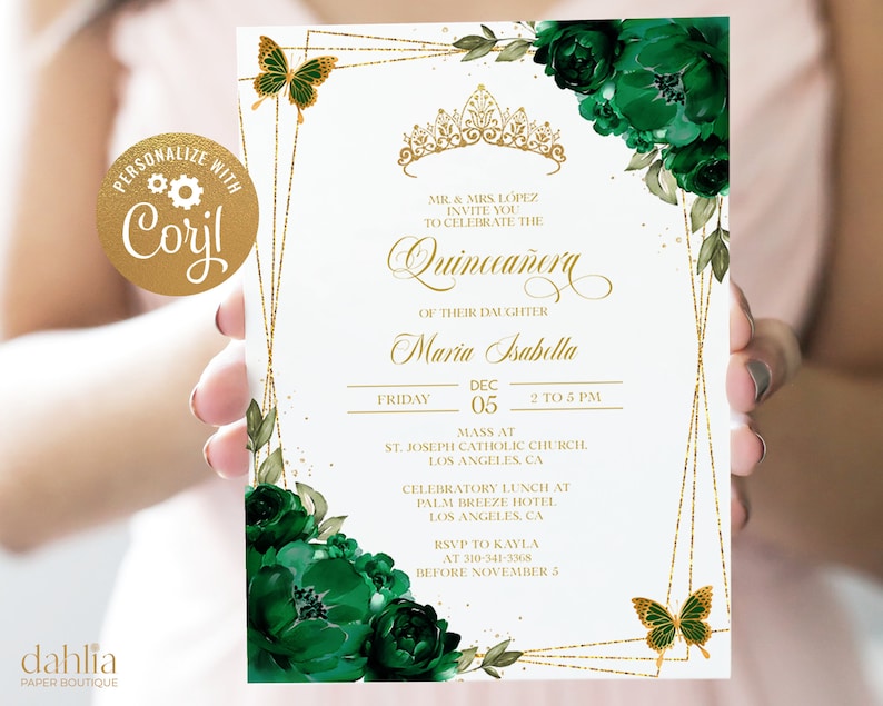 May include: Gold and green Quincea&ntilde;era invitation with a gold crown, butterflies, and floral designs. The invitation includes the text "MR. & MRS LOPEZ INVITE YOU TO CELEBRATE THE Quincea&ntilde;era OF THEIR DAUGHTER Maria Isabella FRIDAY DEC 05 2 TO 5 PM MASS AT ST. JOSEPH CATHOLIC CHURCH LOS ANGELES, CA CELEBRATORY LUNCH AT PALM BREEZE HOTEL LOS ANGELES, CA RSVP TO KAYLA AT 310-341-3368 BEFORE NOVEMBER 5"