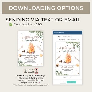 May include: A digital download for a baby shower invitation featuring a campfire with the text "Everything is S'more fun with a baby!" and a watercolor illustration of a campfire with marshmallows and graham crackers. The invitation is for Samantha and Arden and includes the date, time, and location of the event. The invitation also includes a link to download the design as a JPG file.