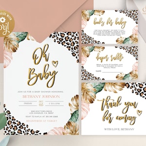 Conjunto de invitación de baby shower de leopardo, paquete Oh Baby EDITABLE, invitación con estampado de animales de Safari DIY, Sprinkle de bebé de guepardo, descarga instantánea, BS145