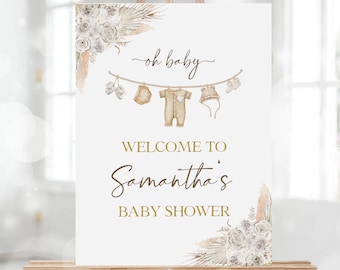 Boho babyshower welkomstbord, BEWERKBARE babykleding feestdecor, minimalistische banner voor babywas, genderneutrale babyposter, BS203