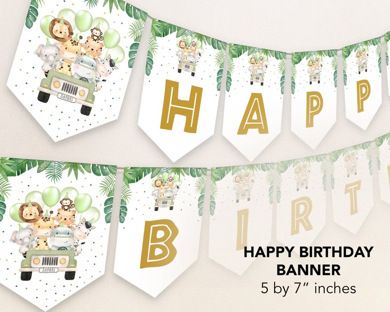 Peut inclure: Une banni&egrave;re d'anniversaire blanche et verte avec des lettres dor&eacute;es. La banni&egrave;re pr&eacute;sente un th&egrave;me jungle avec des animaux qui font du jeep. La banni&egrave;re mesure 12,7 cm par 17,8 cm.