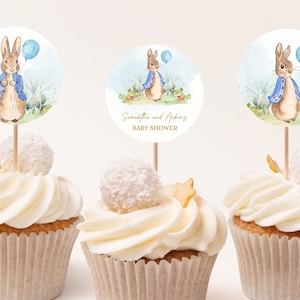 EDITABLE SET OF 6 Peter Rabbit Cupcake Toppers, Rustic Bunny Baby Shower, Blue Watercolor Balloon Spring Boy Brunch, Instant Download BS133