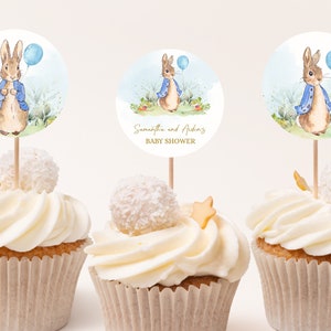 EDITABLE SET OF 6 Peter Rabbit Cupcake Toppers, Rustic Bunny Baby Shower, Blue Watercolor Balloon Spring Boy Brunch, Instant Download BS133