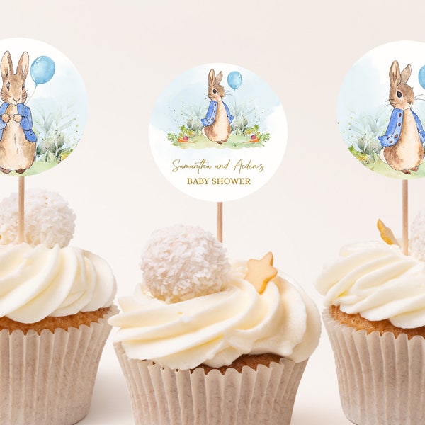 EDITIERBARE SET von 6 Peter Rabbit Cupcake Toppers, rustikale Hase Babyparty, blau Aquarell Ballon Frühling Junge Brunch, Instant Download BS133