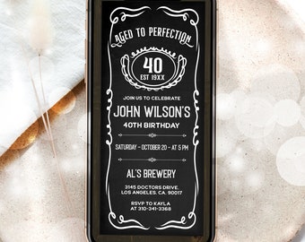 May include: Black and white digital invitation on a smartphone screen. The invitation is for John Wilson's 40th birthday party. The party is at Al's Brewery on Saturday, October 20th at 5 PM. RSVP to Kayla at 310-341-3368.