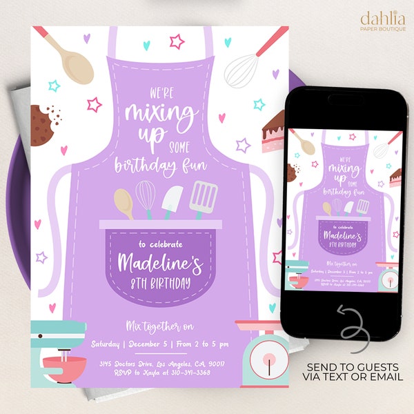 EDITABLE Baking Birthday Invitation, Kitchen Party Invite Template, Purple Cooking Party, Chef Cake Pastries Cookie, Instant Download, KP054