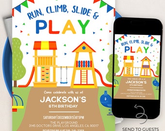 Playground Birthday Invitation, EDITABLE Kids Park Party Invitation Template, Outdoor Birthday Invite, Slide & Swing, Instant Download KP075