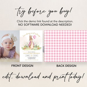 Peter Rabbit First Birthday Invite with Photo, Editable Rustic Bunny Template, Printable 1st Birthday Girl Party, Any Age, Instant Download image 5