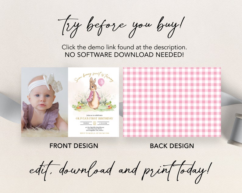 Peter Rabbit First Birthday Invite with Photo, Editable Rustic Bunny Template, Printable 1st Birthday Girl Party, Any Age, Instant Download image 5