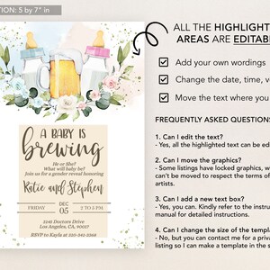 May include: A baby shower invitation with a watercolor illustration of a beer mug, a baby bottle, and flowers. The text reads "A Baby is Brewing" and includes the date, time, and location of the event. The invitation is customizable with editable text and graphics.