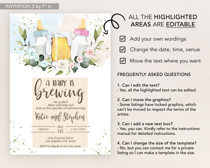 May include: A baby shower invitation with a watercolor illustration of a beer mug, a baby bottle, and flowers. The text reads "A Baby is Brewing" and includes the date, time, and location of the event. The invitation is customizable with editable text and graphics.