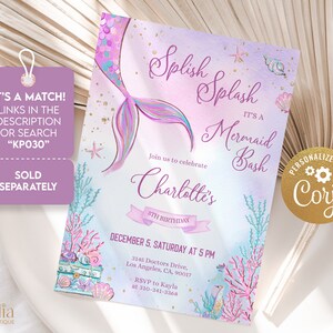 May include: A mermaid-themed birthday party invitation with a purple, pink, and blue watercolor background. The invitation features a mermaid tail with iridescent scales, a seashell, and a starfish. The text reads "Splish Splash It's a Mermaid Bash" and includes the birthday girl's name, age, date, time, and location. The invitation is personalized with the name "Coryl".