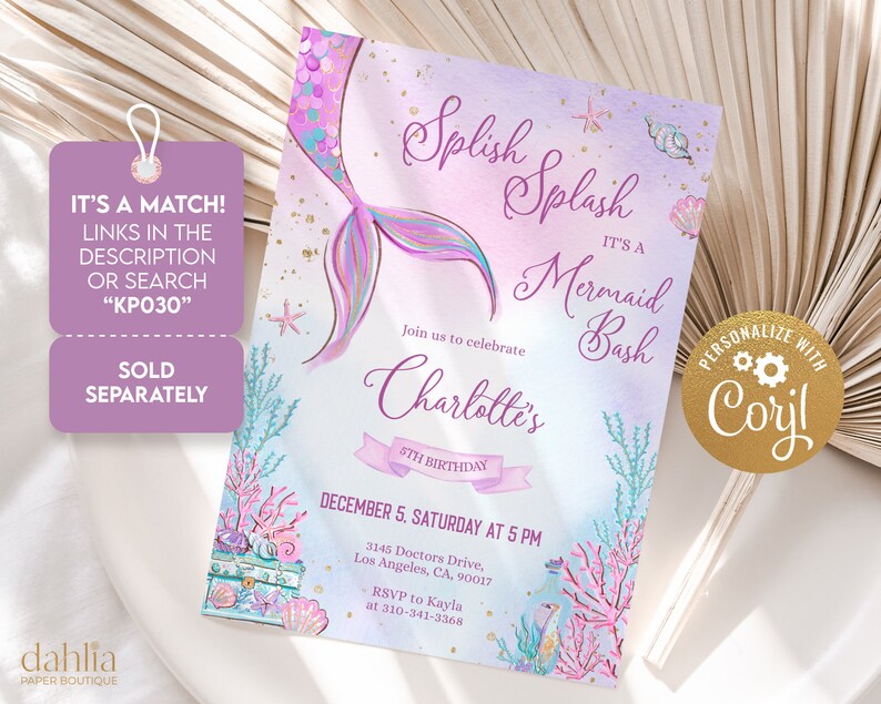 May include: A mermaid-themed birthday party invitation with a purple, pink, and blue watercolor background. The invitation features a mermaid tail with iridescent scales, a seashell, and a starfish. The text reads "Splish Splash It's a Mermaid Bash" and includes the birthday girl's name, age, date, time, and location. The invitation is personalized with the name "Coryl".