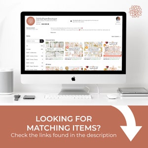 May include: A computer screen displaying a website for a paper boutique. The website features a variety of baby shower invitations and decorations, including a peach and pink themed invitation with the text "Sweet Peach Baby Shower Bundle". The website also features a section for "Featured Items" and "All Items".