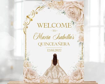 Peut inclure: Une pancarte de bienvenue pour une Quinceañera, avec un cadre doré orné de fleurs et le texte "Bienvenue à Maria Isabella's Quinceañera 12.05.2022". Une silhouette de fille en robe blanche est au centre.