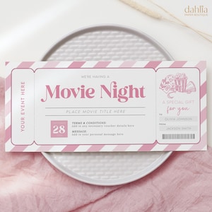Filmabend Geschenkgutschein, bearbeitbare Filmabendeinladung, Kinokartenvorlage, personalisierte Kinokarte, druckbarer Coupon für jeden Anlass