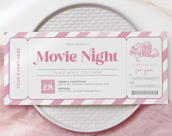 May include: A pink and white striped movie night ticket with the text "Movie Night" in a pink box. The ticket has a space to write in the movie title, terms and conditions, and a message. The ticket also has a space to write in the recipient's name and the sender's name. The ticket has a small illustration of a popcorn bucket, a movie reel, and a drink.