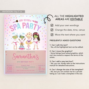 May include: A pink and blue invitation for a spa party with a cartoon image of four girls wearing spa robes and face masks. The invitation says "Join us for a Spa Party" and "Join us to celebrate Samantha's 8th Birthday Party". The invitation includes the date, time, location, and RSVP information.