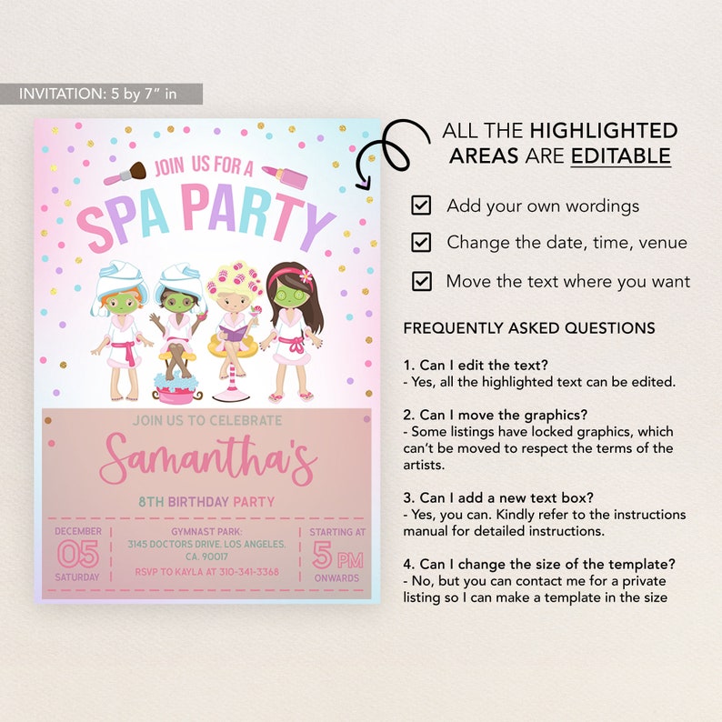 May include: A pink and blue invitation for a spa party with a cartoon image of four girls wearing spa robes and face masks. The invitation says "Join us for a Spa Party" and "Join us to celebrate Samantha's 8th Birthday Party". The invitation includes the date, time, location, and RSVP information.