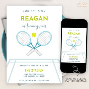 Invito di compleanno di tennis, invito modificabile per una festa di sport estivi, partita di set di giochi, modello di racchetta blu minimalista, download istantaneo, KP341