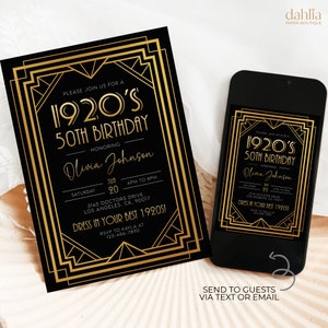 Bewerkbare jaren 1920 Art Deco verjaardagsuitnodiging, 30e 40e 50e verjaardagsfeestje, Great Gatsby Party Uitnodigen, Zwart en Goud Twenties Diner, AP034