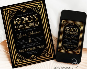 Invitación de cumpleaños Art Déco editable de la década de 1920, fiesta de cumpleaños número 30, 40, 50, invitación a la fiesta del Gran Gatsby, cena de los años veinte en negro y oro, AP034