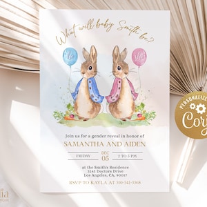 Invitación de revelación de género de Peter Rabbit, plantilla de invitación editable de género neutro, conejito rústico azul y rosa, juego de él o ella, niño o niña, GR010