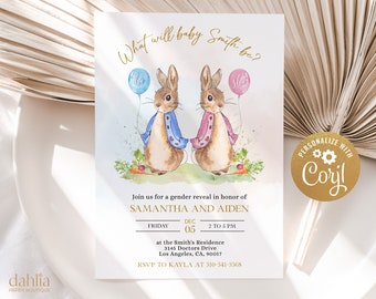 Peut inclure: Une invitation à une révélation de sexe avec une illustration aquarelle de deux lapins tenant des ballons. Le texte indique "What will baby Smith be?" et comprend les détails de l'événement, y compris la date, l'heure et le lieu. L'invitation est personnalisée avec le nom "Coryl".