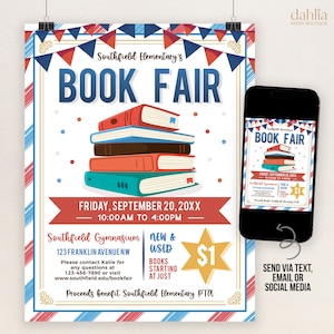 May include: A colorful flyer for a book fair at Southfield Elementary. The flyer features a stack of books, a star, and the text "Book Fair" in large, bold letters. The event is scheduled for Friday, September 20, 20XX from 10:00 AM to 4:00 PM at Southfield Gymnasium, 123 Franklin Avenue NW. New and used books will be available starting at $1. Proceeds benefit Southfield Elementary PTA.
