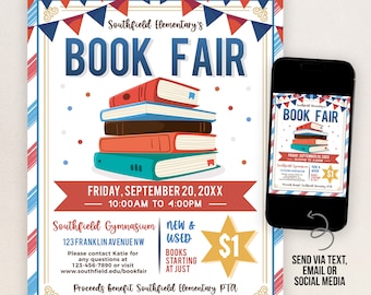 May include: A colourful flyer advertising a book fair at Southfield Elementary. The flyer features a stack of books, a star, and the text "Book Fair" in large, bold letters. The event is scheduled for Friday, September 20, 20XX from 10:00 AM to 4:00 PM at Southfield Gymnasium, 123 Franklin Avenue NW. New and used books will be available starting at £1. Proceeds benefit Southfield Elementary PTA.
