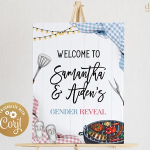 Editable Baby-Q Gender Reveal Welcome Sign, Backyard Couples Baby Shower Decor, He Or She BBQ Gender Reveal Party Banner, Boy Or Girl, GR022