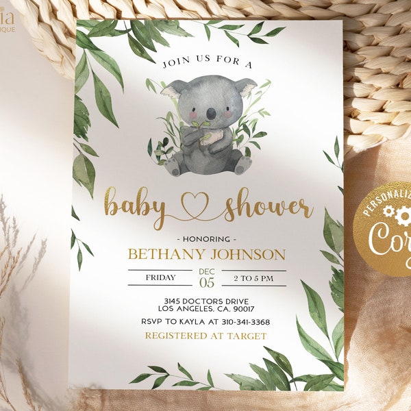 EDITABLE Koala Baby Shower Invitation Template, Printable Greenery Koala Baby Shower Invite, Koala Eucalyptus Invite, Instant Download BS124