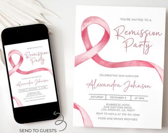 Cancer Remission Invite Template, Editable Breast Cancer Remission Party Invitation, Pink Cancer Ribbon, Instant Download Printable, CA002