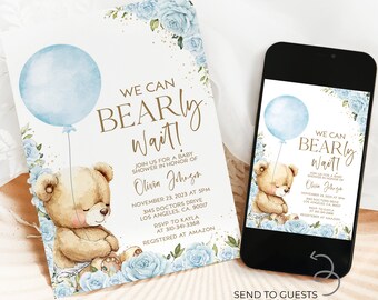Può includere: Un invito a una festa di baby shower blu e oro con un orsacchiotto che tiene un palloncino blu. L'invito dice "We can Bearly Wait!" e include la data, l'ora e il luogo della festa. Include anche il nome dell'ospite d'onore, Olivia Johnson, e le informazioni RSVP. L'invito è progettato per essere inviato agli ospiti tramite SMS o e-mail.