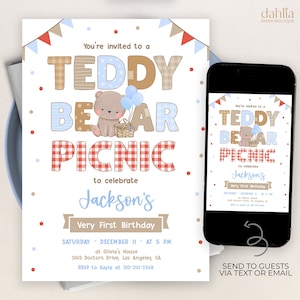 Invito per il primo compleanno di Teddy Bear Picnic, modello di invito per bambini EDITABILE, festa all'aperto estiva per ragazzi, orso blu, download istantaneo KP161