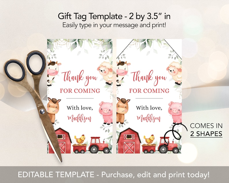 EDITABLE Farm Thank You for Coming Gift Tag, Barnyard Party Favor Tag ...