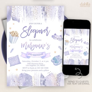 Invito di compleanno pigiama party, invito modificabile per pigiama party viola lilla, serata film per ragazze, sfarzo e glamour, festa in pigiama Tween, KP261