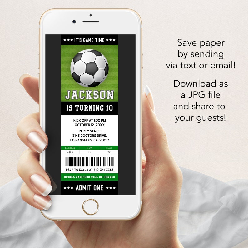 Voetbal Ticket verjaardagsuitnodiging, voetbal Ticket uitnodigen sjabloon, Soccer Party Kids, digitale bewerkbare afdrukbare, Instant Download, KP267 afbeelding 4