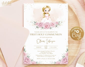 Invito modificabile per la prima comunione, invito digitale religioso floreale rosa cipria, biglietto stampabile per ragazza con capelli biondi, download istantaneo C001