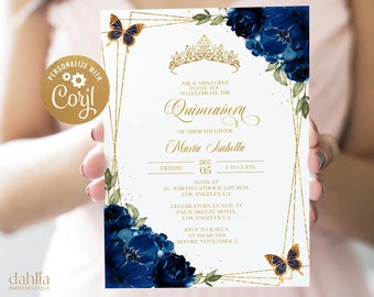 Elegant Navy Blue and Gold Quinceañera Invitation, EDITABLE Tiara Rose 15th Birthday Party Invite, Mis Quince Anos, Printable Template, Q018