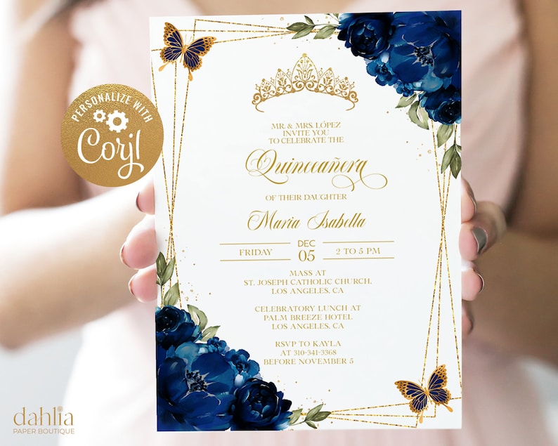 May include: Gold and blue Quincea&ntilde;era invitation with a gold crown, butterflies, and floral accents. The invitation includes the text "Quincea&ntilde;era" and "Maria Isabella".