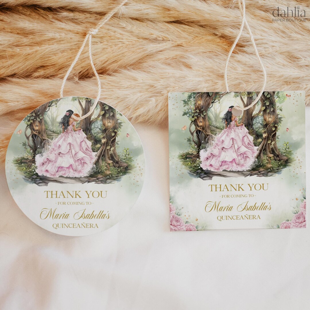 Quinceañera Thank You Gift Tag, Editable Enchanted Forest Pink 15th ...