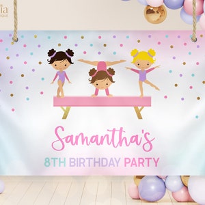 Sfondo di compleanno di ginnastica, modello di decorazione della festa di ginnaste ragazza EDITABLE, banner di festa di compleanno di ginnastica arcobaleno, download istantaneo, KP035