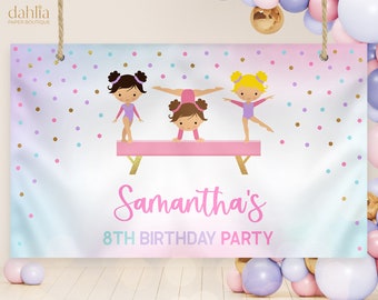 Gymnastics Birthday Backdrop, EDITABLE Girl Gymnasts Party Decor Template, Rainbow Gymnastics Birthday Party Banner, Instant Download, KP035