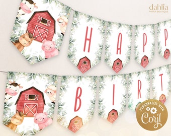 May include: A watercolor-style banner with the words "Happy Birthday" in red letters. The banner features a farm theme with illustrations of a red barn, cows, pigs, and horses. The banner is perfect for a farm-themed birthday party.